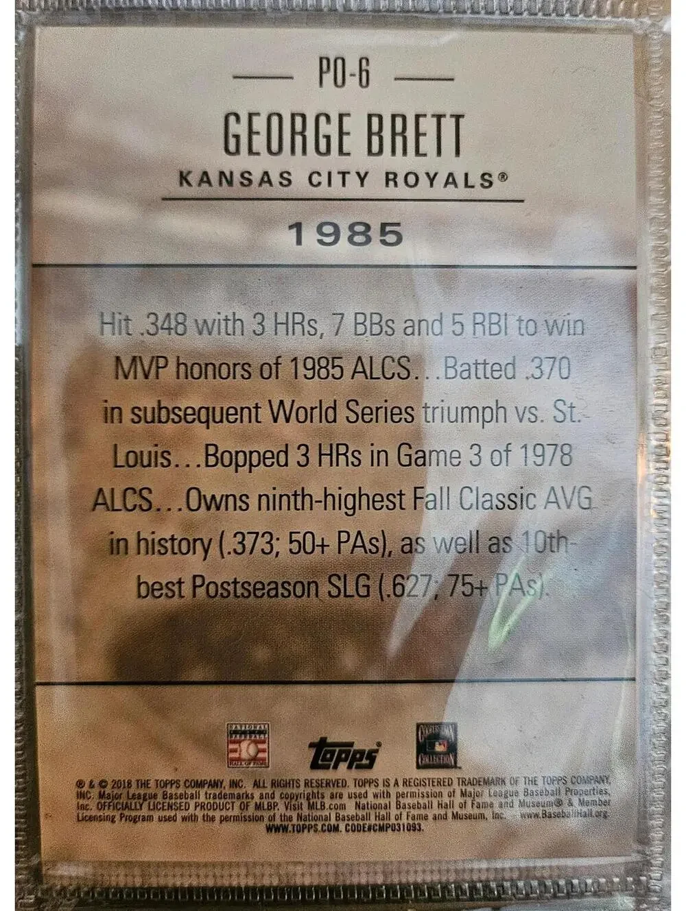 GEORGE BRETT 2018 Topps Postseason Preeminence Insert #PO-6. ROYALS
